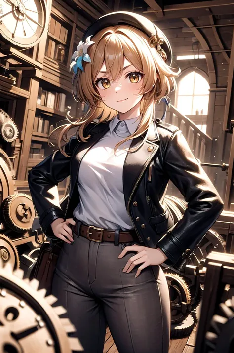 (masterpiece, best quality, detailed), 1girl, solo, looking at viewer,
<lora:lumine:0.8>, lumine, hair ornament, flower, hair flower, short hair with long locks, hair between eyes, white flower, sidelocks, medium breasts, fedora, brown headwear, brown pants, black belt, cowboy hat, brown jacket, leather jacket, indiana jones, white shirt, satchel, <lora:gearEntangle:0.5>, gear, machine, indoors, clock, chair, table, book stack, hands on hips, smug, v-shaped eyebrows, smile, closed mouth