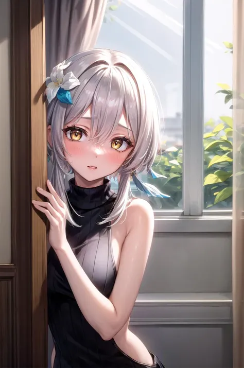 (masterpiece, best quality, detailed), 1girl, solo, looking at viewer, <lora:lumine:0.8>, lumine, hair ornament, flower, hair flower, short hair with long locks, hair between eyes, white flower, sidelocks, medium breasts, <lora:virgin killer sweaterFP16_82431:0.8>, virgin killer sweater, backless outfit, <lora:FittingRoom:0.6>, fitting room, curtains, curtain grab, <lora:peeking_out_upper_body_pruned:1.2>, peeking out upper body, opening door, parted lips, blush