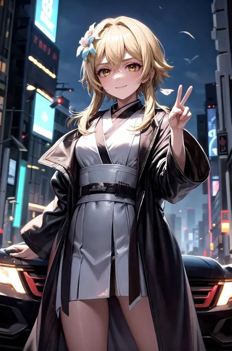 (masterpiece, best quality, detailed), 1girl, solo, looking at viewer, <lora:lumine:0.8>, lumine, hair ornament, flower, hair flower, short hair with long locks, hair between eyes, white flower, sidelocks, medium breasts, <lora:JediOutfit:1>, JediOutfit, robe, belt, outdoors, cyberpunk, city, night, city lights, neon lights, skyscraper, car, dark, science fiction, peace sign, smile, closed mouth, smug