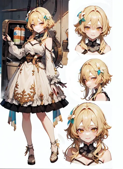 ((best quality)), ((highly detailed)), masterpiece, absurdres, detailed face, beautiful face, (detailed eyes, deep eyes), (1girl), <lora:CharacterDesign_Concept:.75>, (CharacterSheet:1), (multiple views, full body, upper body, reference sheet:1), dynamic pose, full body, ((very wide shot)), <lora:lumine_Setsu:.7>, lumine, blonde hair, short hair with long locks, hair between eyes, hair ornament, white flower, hair flower, sidelocks, yellow eyes, medium breasts, smiling, white dress, detached sleeves, cleavage, (inside, in a laundryroom)
