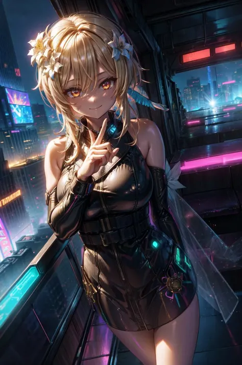(volumetric lighting, Highres), (Detailed Illustration), Ultra-Detailed, 8k, nsfw, 1girl, solo, looking at viewer, <lora:lumine:0.8>, lumine, hair ornament, flower, hair flower, short hair with long locks, hair between eyes, white flower, sidelocks, gigantic breasts, robe, belt, outdoors, cyberpunk, city, night, city lights, neon lights, skyscraper, car, dark, science fiction, peace sign, smile, closed mouth, smug <lora:add_detail:.8> <lora:hairdetailer:0.6>