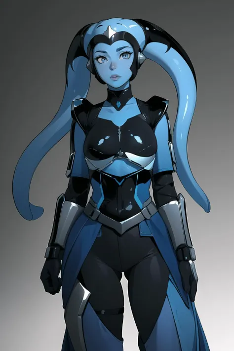 twlk2023, blue skinned alien girl, blue skin, 2 head tails <lora:twlk2023:0.9>, futuristic breastplate, black armor, dark pauldrons