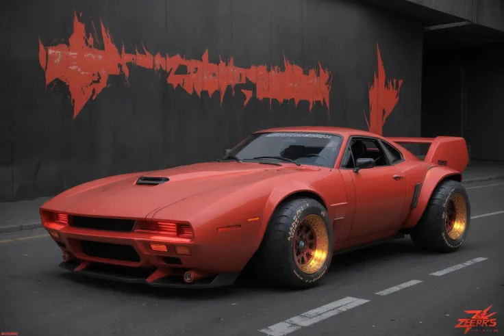 cyberpunk (((retro red zeekars))) (with glowing rims), wide gold tires, at the parking lot, at night city, <lora:zeekars:0.65>