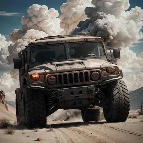 Create a cinematic, filmic image 4k, 8k with [George Miller's Mad Max style]. The image should be captured in a [wide-angle view] and depict [single] a [post-apocalyptic] [desert wasteland] [single] HUMVEE as a centerpiece of the image  <lora:humv33:0.7> Focus on HUMVEE distinct two round headlights positioned at the front, giving it a recognizable appearance. Highlight the square-shaped windshields that contribute to its utilitarian design. Depict the boxy and sturdy body of the vehicle, emphasizing its ruggedness and durability. Showcase the large, robust tires that enable the HUMVEE to conquer challenging terrains. Pay attention to accurate proportions and details to ensure a realistic representation of the HUMVEE's physical attributes.  Its tires churns up the dry earth beneath, creating a magnificent sand dust cloud that billows outwards, trailing in the car's wake. <lora:zeekars:0.5> The image should be [ultra-realistic], with [high-resolution] captured in [natural light]. The lighting should create [soft shadows] and showcase the [raw] and [vibrant colors] of the car. The image should be a highly-detailed photography set in a [post-nuclear], [fallout] like setting, conveying a sense of [danger] and [grittiness]. The final image should be a [masterpiece], with a [realistic portrayal] of the HUMVEE that is both [intimidating] and [awe-inspiring]. Background should contain [empty wasteland road], image takes place before the storm, with the [hot summer sun] still shining brightly in the sky, but in the distance, the sky is a [dark and foreboding shade of blue], hinting at an impending storm