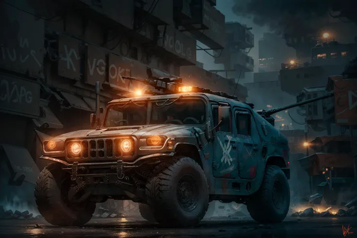 Create a cinematic, filmic image 4k, 8k with [side view:1.5]. The image [cyberpunk style zeekars] with [neon lights] and futuristic art should be captured in a [wide-angle view] and depict [single] [cyberpunk] [SWAT] HUMVEE with [black paint] as a centerpiece of the image  <lora:humv33:0.7> Focus on HUMVEE distinct two round headlights positioned at the front, giving it a recognizable appearance. Highlight the square-shaped windshields that contribute to its utilitarian design. Depict the boxy and sturdy body of the vehicle, emphasizing its ruggedness and durability. Showcase the large, robust tires with [glowing rims] that enable the HUMVEE to conquer challenging terrains. Pay attention to accurate proportions and details to ensure a realistic representation of the HUMVEE's physical attributes.  Its tires churns up the dry earth beneath, creating a magnificent sand dust cloud that billows outwards, trailing in the car's wake. The car headlights should shine brightly. The image should showcase the [raw] and [vibrant colors] of the car. The image should be a highly-detailed photography, conveying a sense of [danger] and [grittiness]. The final image should be a [masterpiece], with a [realistic portrayal] of the HUMVEE that is both [intimidating] and [awe-inspiring].  Image takes place in [cyberpunk futuristic city] street at [night] shrouded in fog illuminated by neon signs..  <lora:Cyberpunk 2077:0.5>  <lora:zeekars:0.5>