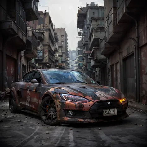 a photo of a rusty tslas (zeekars), 3/4 front view, survival, post-apocalyptic, cyberpunk, outdoors, night, destruction, urban decay, masterpiece, photorealistic, 8k, high detail, dark theme, <lora:zeekars:.7> <lora:TeslaModelS:.4> <lora:epi_noiseoffset2:1>