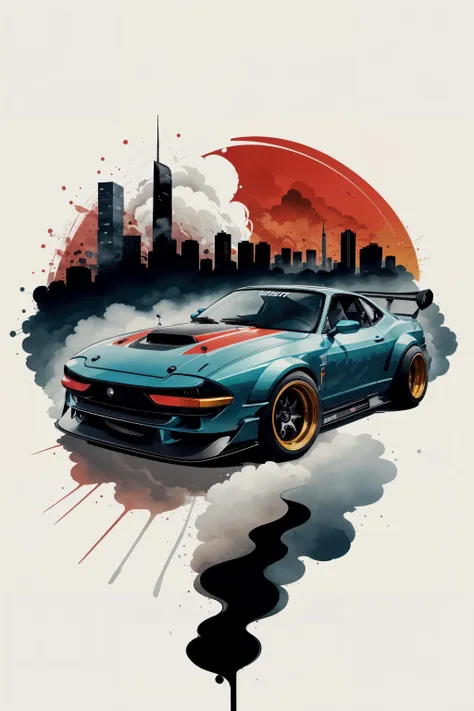 Vector illustration, scenery, ink, pop art, circle, sketch, cardrifting, smoke, burn, 1 car,  tuned JDM car, wide fenders, big rims, slammed, (drifting:1.2), on the road, (city:1.3), (skyscrapers:1.1), <lora:cardrifting:1.15>,  <lora:zeekars:0.45>,  <lora:ink-0.1-3-b28-bf16-D128-A1-1-ep64-768-DAdaptation-cosine:0.75>, (nissan skyline:0.8)