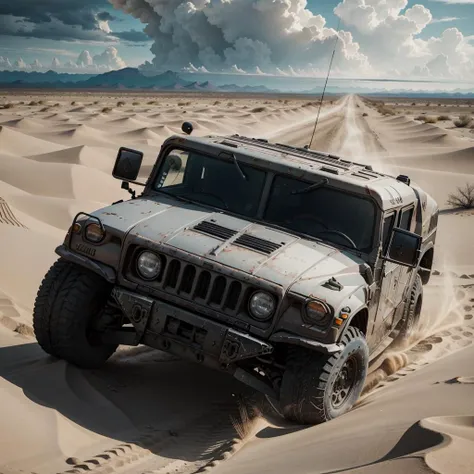 Create a cinematic, filmic image 4k, 8k with [George Miller's Mad Max style] [side view:1.5]. The image should be captured in a [wide-angle view] and depict [single] a [post-apocalyptic] [desert wasteland] [single] HUMVEE as a centerpiece of the image  <lora:humv33:0.7> Focus on HUMVEE distinct two round headlights positioned at the front, giving it a recognizable appearance. Highlight the square-shaped windshields that contribute to its utilitarian design. Depict the boxy and sturdy body of the vehicle, emphasizing its ruggedness and durability. Showcase the large, robust tires that enable the HUMVEE to conquer challenging terrains. Pay attention to accurate proportions and details to ensure a realistic representation of the HUMVEE's physical attributes.  Its tires churns up the dry earth beneath, creating a magnificent sand dust cloud that billows outwards, trailing in the car's wake. <lora:zeekars:0.5> The image should be [ultra-realistic], with [high-resolution] captured in [natural light]. The lighting should create [soft shadows] and showcase the [raw] and [vibrant colors] of the car. The image should be a highly-detailed photography set in a [post-nuclear], [fallout] like setting, conveying a sense of [danger] and [grittiness]. The final image should be a [masterpiece], with a [realistic portrayal] of the HUMVEE that is both [intimidating] and [awe-inspiring]. Background should contain [empty wasteland road], image takes place before the storm, with the [hot summer sun] still shining brightly in the sky, but in the distance, the sky is a [dark and foreboding shade of blue], hinting at an impending storm