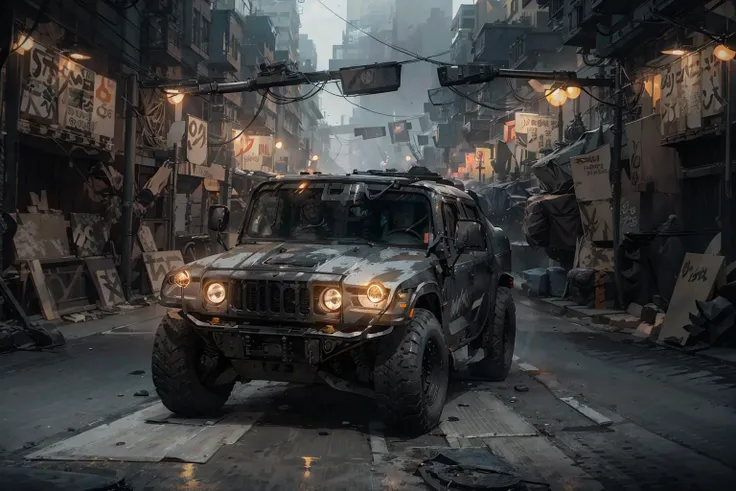 Generate ((best quality)), ((masterpiece)) (bilateral symmetry:1.5), [car commercial]. The image [cyberpunk style zeekars] with [neon lights] and futuristic art should be captured in a [wide-angle view] and depict [single] [cyberpunk] [SWAT] HUMVEE with (((black paint color))) as a centerpiece of the image  <lora:humv33:0.7> Focus on HUMVEE distinct two round headlights positioned at the front, giving it a recognizable appearance. Highlight the square-shaped windshields that contribute to its utilitarian design. Depict the boxy and sturdy body of the vehicle, emphasizing its ruggedness and durability. Showcase the large, robust tires with [glowing rims] that enable the HUMVEE to conquer challenging terrains. Pay attention to accurate proportions and details to ensure a realistic representation of the HUMVEE's physical attributes.  Its tires churns up the dry earth beneath, creating a magnificent sand dust cloud that billows outwards, trailing in the car's wake. The car headlights should shine brightly. The image should showcase the [raw] and [vibrant colors] of the car. The image should be a highly-detailed photography, conveying a sense of [danger] and [grittiness]. The final image should be a [masterpiece], with a [realistic portrayal] of the HUMVEE that is both [intimidating] and [awe-inspiring].  Image takes place in [cyberpunk futuristic city] street at [night] shrouded in [fog] illuminated by [neon lights]..  <lora:Cyberpunk 2077:0.5>  <lora:zeekars:0.5>