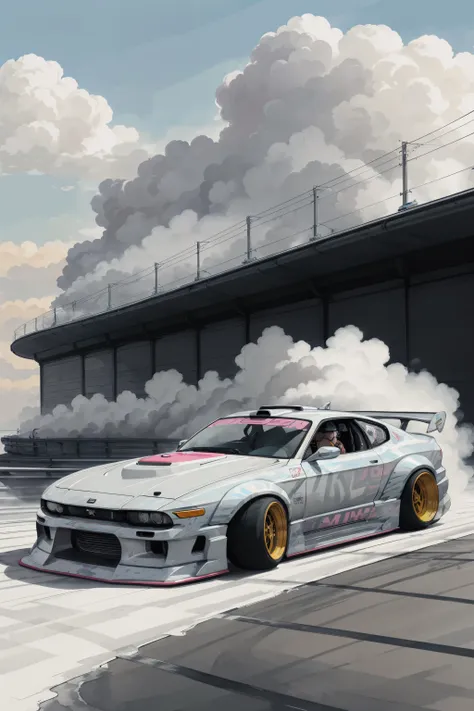 Vector illustration, pop art, very light pastel colored, watercolor, sketch, cardrifting, smoke, burn, 1 car,  tuned JDM car, wide fenders, big rims, slammed, (drifting:1.2), on the road, tokyo city, parking lot, beautiful landscape,   <lora:cardrifting:1.1>,  <lora:zeekars:0.65>