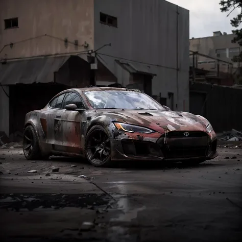 a photo of a rusty tslas (zeekars), 3/4 front view, survival, post-apocalyptic, cyberpunk, outdoors, night, destruction, urban decay, masterpiece, photorealistic, 8k, high detail, dark theme, <lora:zeekars:.7> <lora:TeslaModelS:.4> <lora:epi_noiseoffset2:1>