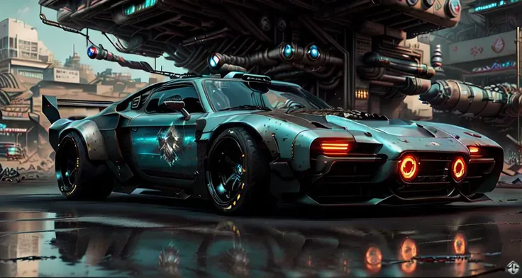 a 3/4 front view of ((futuristic cyberpunk hotrod zeekars)) (with glowing tires), at the parking lot, <lora:zeekars:1>