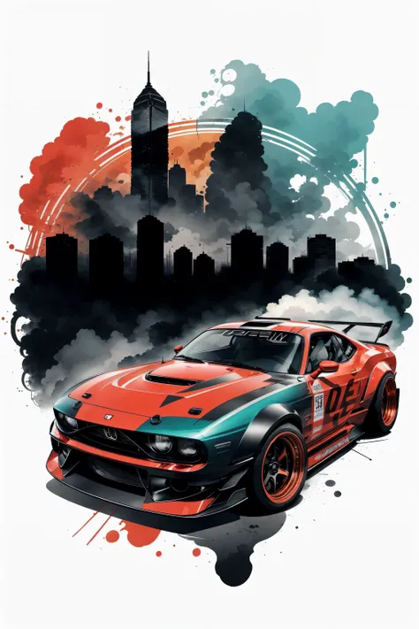 Vector illustration, scenery, ink, pop art, circle, sketch, cardrifting, smoke, burn, 1 car, tuned JDM car, wide fenders, big rims, slammed, (drifting:1.2), on the road, (city:1.3), (skyscrapers:1.1), <lora:cardrifting:1.15>, <lora:zeekars:0.45>, <lora:ink-0.1-3-b28-bf16-D128-A1-1-ep64-768-DAdaptation-cosine:0.75>, (dodge challenger:0.8)