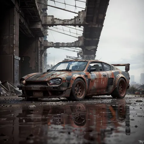 a photo of a rusty tslas (zeekars), 3/4 front view, survival, post-apocalyptic, cyberpunk, outdoors, night, destruction, urban decay, masterpiece, photorealistic, 8k, high detail, dark theme, <lora:zeekars:.7> <lora:TeslaModelS:.4> <lora:epi_noiseoffset2:1>