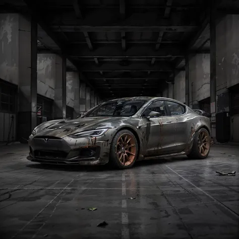 a photo of a rusty tslas (zeekars), 3/4 front view, survival, post-apocalyptic, armored, cyberpunk, wide angle action shot, steel plates, outdoors, night, road, destruction, urban decay, masterpiece, photorealistic, 8k, high detail, dark theme, <lora:epiNoiseoffset_v3:1.6> <lora:zeekars:.7> <lora:TeslaModelS:.4>