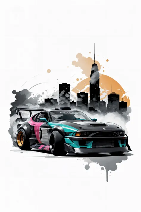 Vector illustration, scenery, ink, pop art, sketch, cardrifting, smoke, burn, 1 car,  tuned JDM car, wide fenders, big rims, slammed, (drifting:1.2), on the road, (city:1.3), (skyscrapers:1.1), <lora:cardrifting:1.15>,  <lora:zeekars:0.45>,  <lora:ink-0.1-3-b28-bf16-D128-A1-1-ep64-768-DAdaptation-cosine:0.75>