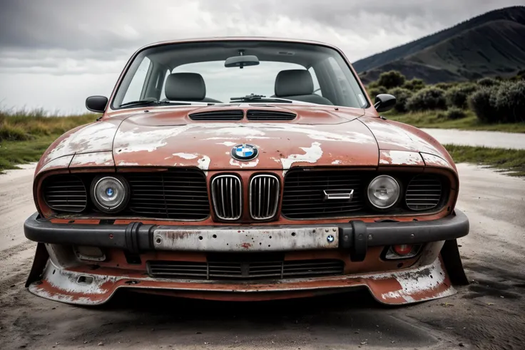 (raw photo, masterpiece, best quality, high detail), (8k, full frame, (far shot), photorealistic, realistic), front view, (bmw) zeekar beach parking lot, decayed, rust, damage, dented, <lora:zeekars:.4>