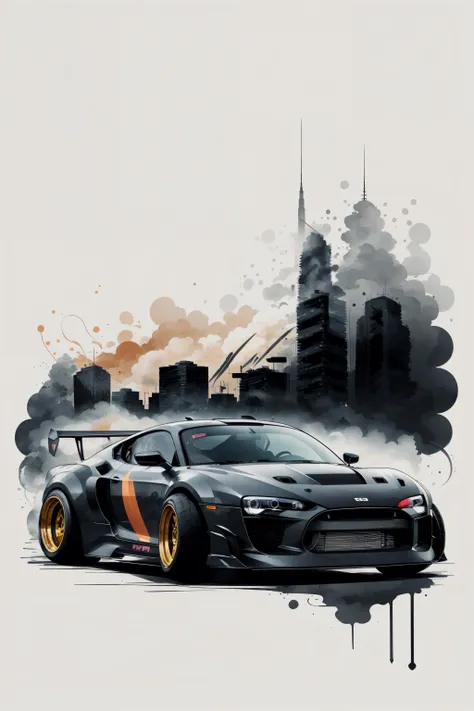 Vector illustration, scenery, ink, pop art, sketch, cardrifting, smoke, burn, 1 car,  tuned JDM car, wide fenders, big rims, slammed, (drifting:1.2), on the road, (city:1.3), (skyscrapers:1.1), <lora:cardrifting:1.15>,  <lora:zeekars:0.45>,  <lora:ink-0.1-3-b28-bf16-D128-A1-1-ep64-768-DAdaptation-cosine:0.75>, (audi r8:0.8)