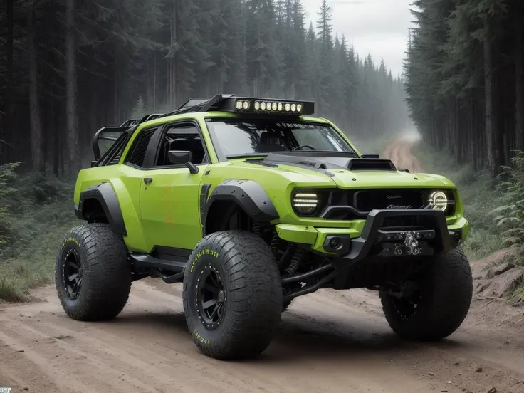 cyberpunk (((off road muscle car zeekars))), wide tires, in a forest, <lora:zeekars:0.65>, (diesels punk)