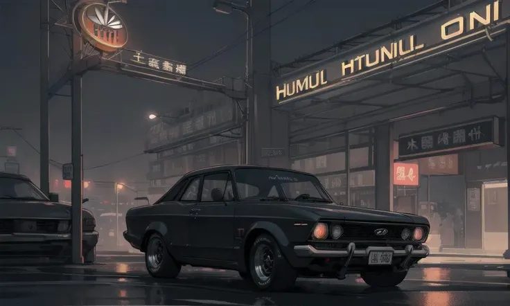 best quality, photorealistic, 8k, high res, ((Hyundai logo)), <lora:zeekars:0.6>, 60's black sedan, front, night, chinese city, neon sign,
