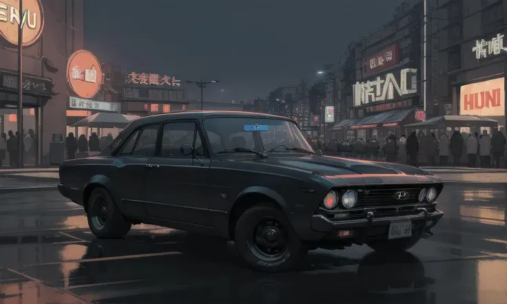 best quality, photorealistic, 8k, high res, ((Hyundai logo)), <lora:zeekars:0.6>, 60's black sedan, front, night, chinese city, neon sign,