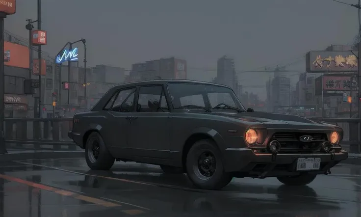 best quality, photorealistic, 8k, high res, ((Hyundai logo)), <lora:zeekars:0.6>, 60's black sedan, front, night, chinese city, neon sign,