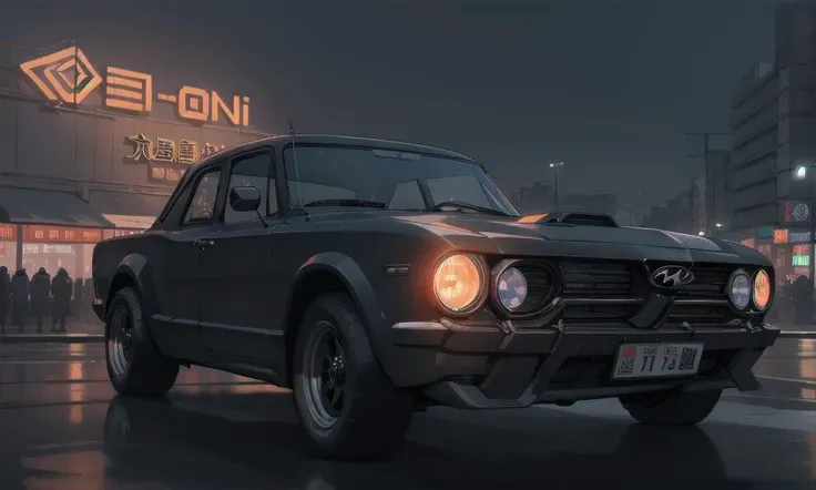 best quality, photorealistic, 8k, high res, ((Hyundai logo)), <lora:zeekars:0.6>, 60's black sedan, front, night, chinese city, neon sign,