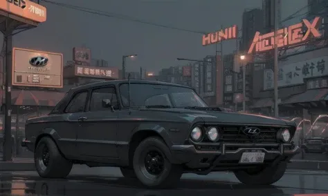 best quality, photorealistic, 8k, high res, ((Hyundai logo)), <lora:zeekars:0.6>, 60's black sedan, front, night, chinese city, neon sign,