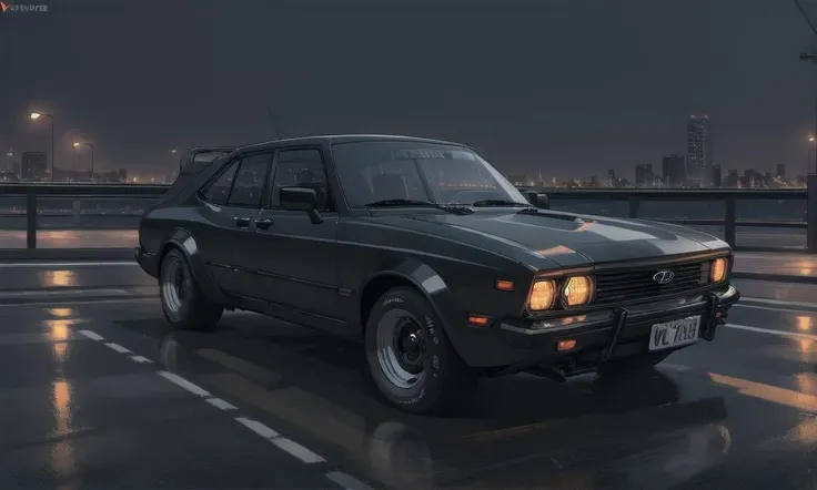 best quality, photorealistic, 8k, high res, ((Hyundai logo)), <lora:zeekars:0.6>, 70's black sedan, wide rim, front, night, city