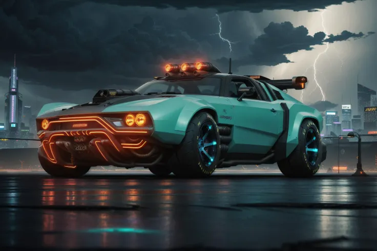 a 3/4 front view of ((futuristic cyberpunk hotrod zeekars)) (with glowing tires), neon glow , cyberpunk muscle car, <lora:zeekars:0.5>, lighting storm in the background, Black and ((dark blue)), in cyberpunk city, ((badass))