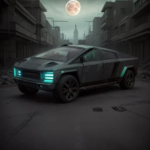 opro shot of a (cyberpunk armored van) zeekars, 3/4 front view, wide angle action shot, post-apocalyptic, outdoors, night, road, destruction, urban decay, moonlight, full moon in background, masterpiece, photorealistic, 8k, high detail, dark theme, <lora:epiNoiseoffset_v3:1.6> <lora:zeekars:.6>