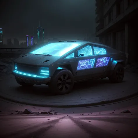 gopro shot of a (cyberpunk armored van) zeekars, 3/4 front view, wide angle action shot, post-apocalyptic, outdoors, night, road, destruction, urban decay, moonlight, full moon in background, masterpiece, photorealistic, 8k, high detail, dark theme, <lora:epiNoiseoffset_v3:1.6> <lora:zeekars:.6>