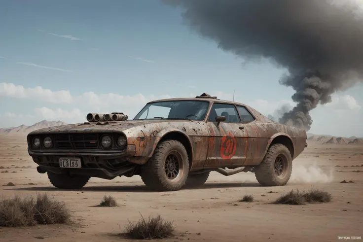 Create a cinematic, filmic image 4k, 8k with [George Miller's Mad Max style]. The image should be captured in a [wide-angle view] and depict [single] a [post-apocalyptic]  V8 [muscle car]. The car's paint is a [black] covered in a spots of [rust] and thin layer of smooth [dust] and [dirt], making it appear [rugged] and [gritty] but with visible [black color]
The car's body should be [sleek] and [aerodynamic], giving it a [low] and [aggressive] stance that conveys [power] and [speed]. The front of the car should feature a [distinctive] front nose cone with [rectangular lights] that adds to its [intimidating] appearance. The car's wheels should be [large] and [sturdy], with [thick] tires that can handle the [rough] terrain of the [post-apocalyptic] wasteland. The rims should be made of [durable] metal with a [unique design] that showcases the car's [individuality].
In addition, the car should have [eight exhaust side pipes]. The car should also feature a Weiand 6-71 [supercharger] mounted on the hood, protruding through the bonnet.
Car should be designed to look both [powerful] and [functional], built to withstand the [harsh] conditions of the [post-apocalyptic] wasteland.
The image should be [ultra-realistic], with [high-resolution] captured in [natural light]. The lighting should create [soft shadows] and showcase the [raw] and [vibrant colors] of the car. The image should be a highly-detailed photography set in a [post-nuclear], [fallout] like setting, conveying a sense of [danger] and [grittiness]. The final image should be a [masterpiece], with a [realistic portrayal] of the Interceptor that is both [intimidating] and [awe-inspiring]. Background should contain [empty desert highway], image takes place before the storm, with the [hot summer sun] still shining brightly in the sky, but in the distance, the sky is a [dark and foreboding shade of blue], hinting at an impending storm  <lora:zeekars:1>