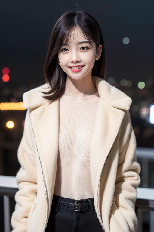 (8k, RAW photo, best quality, masterpiece:1.2), (realistic, photo-realistic:1.37),1girl,smile,medium longth hair,fur collar, coat, black jacket,fur trimmed jacket,fur-trimmed coat,black legwear, black shorts, solo focus, looking at viewer, facing front, light,cute,cityscape, night, rain,floating hair,white skin,<lora:bingbingDoll_bingbingV01:1>,PureErosFace_V1,(ulzzang-6500-v1.1:0.3),