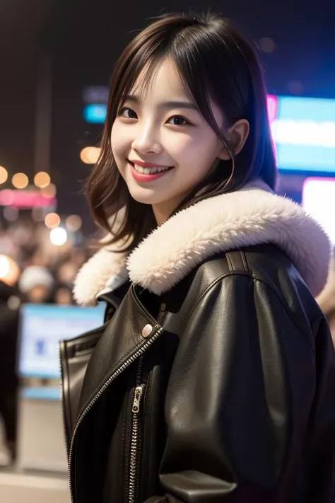 (8k, RAW photo, best quality, masterpiece:1.2), (realistic, photo-realistic:1.37),1girl,smile,medium longth hair,fur collar, coat, black jacket,fur trimmed jacket,fur-trimmed coat,black legwear, black shorts, solo focus, looking at viewer, facing front, light,cute,cityscape, night, rain,floating hair,white skin,<lora:bingbingDoll_bingbingV01:1>,PureErosFace_V1,(ulzzang-6500-v1.1:0.3),