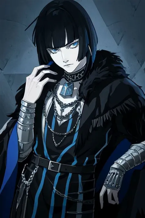 Highly-Detailed Medieval Fantasy fighter male masculine muscular portrait face black blue white (checkered) Diamond-patterned-jacket checkered Diamond-Checkers bangs dark-hair Mullet-hair messy-hair bob-cut seinen dramatic (solo) protagonist Shadowed-Background (Howl Ghibli)