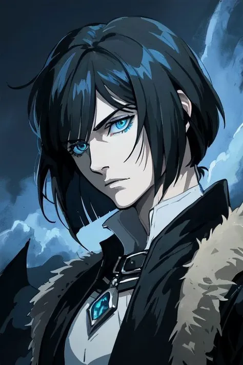 Highly-Detailed Medieval Fantasy fighter male masculine muscular portrait face black blue white Diamond-patterned-jacket cloud strife Diamond-Checkers bangs dark-hair Mullet-hair messy-hair bob-cut seinen dramatic (solo) protagonist Shadowed-Background (Howl Ghibli)