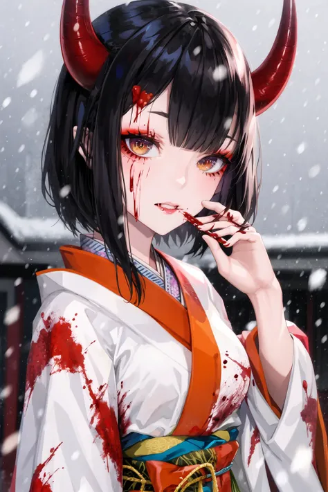 1girl, bangs, blood, blood on clothes, blood on face, eyeliner, horns, japanese clothes, kimono, lam-style, looking at viewer, makeup, obi, oni, oni horns, sash, short hair, skin-covered horns, snow, snowing, solo, white background, white kimono