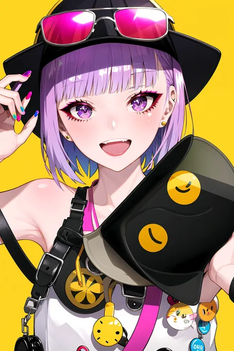 1girl, badge, bangs, button badge, eyewear on head, eyewear on headwear, helena blavatsky \(fate\), holding, looking at viewer, megaphone, nail polish, open mouth, purple eyes, purple hair, short hair, smile, solo, sunglasses, visor cap, yellow background,lam-style,shiny skin