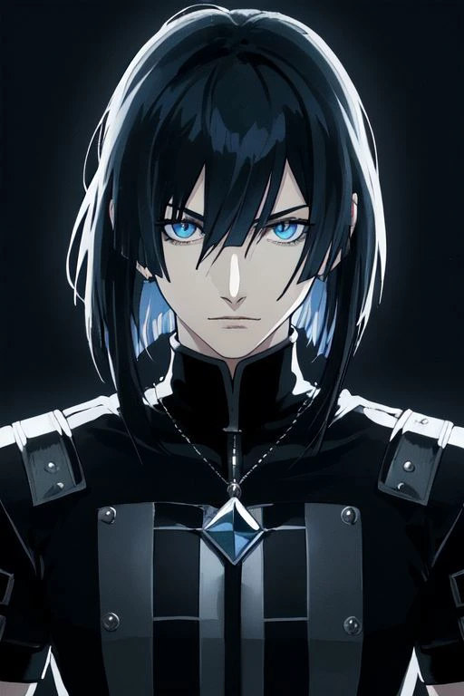 Highly-Detailed Medieval Fantasy fighter male masculine muscular portrait face black blue white (checkered) Checker-shirt cloud strife checkered Diamond-Checkers bangs dark-hair Mullet-hair bob-cut seinen dramatic (solo) protagonist Shadowed-Background (Howl Ghibli)