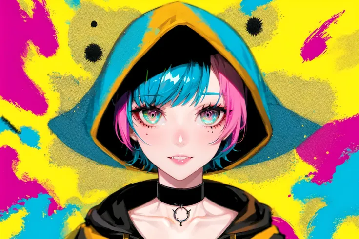 1girl, bangs, black choker, blue hair, choker, colorful, halftone, hood, hood down, lam-style, liquid hair, looking at viewer, multicolored eyes, multicolored hair, paint splatter, pink eyes, pink hair, portrait, short hair, solo, yellow background