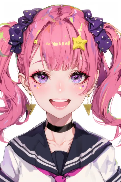 1girl, :d, bangs, black hair, choker, collarbone, earrings, facial mark, hair ornament, hair scrunchie, heart, jewelry, lam-style, long hair, looking at viewer, low twintails, makeup, multicolored eyes, multicolored hair, neckerchief, open mouth, pink eyes, pink hair, pink sailor collar, polka dot, polka dot scrunchie, portrait, purple eyes, sailor collar, school uniform, scrunchie, serafuku, shirt, smile, solo, star \(symbol\), star hair ornament, streaked hair, teeth, twintails, upper body, upper teeth only, white background, white shirt