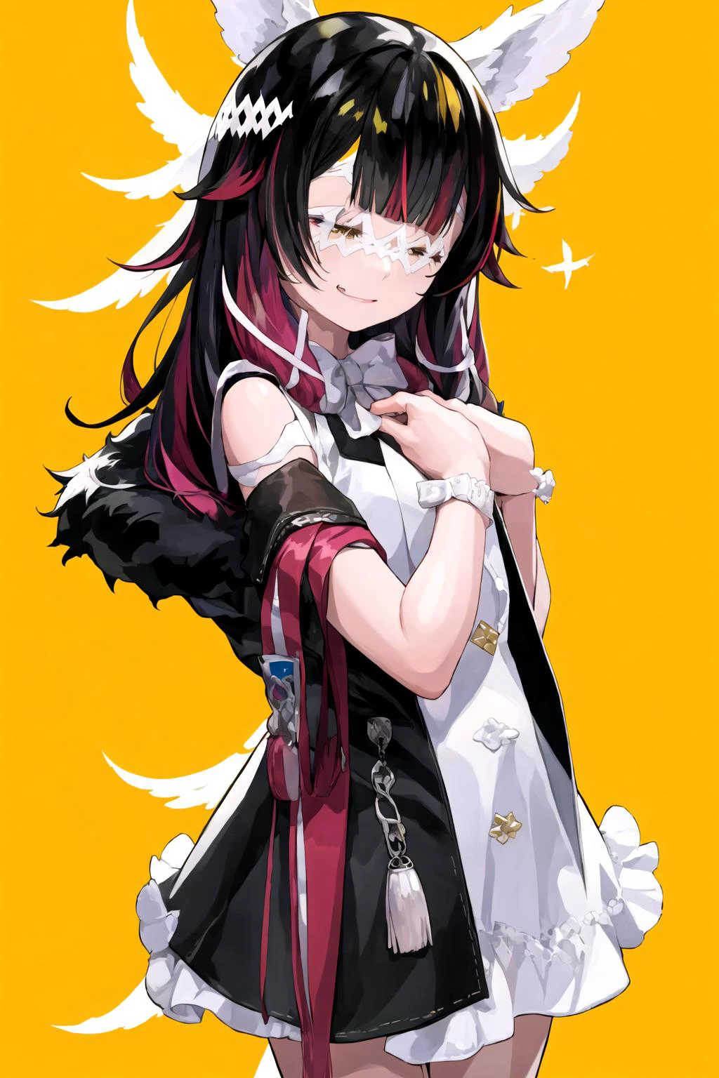 ((masterpiece)), ultra-detailed, 8k, <lora:Damslette-000006:0.9>, black hair, multi colored hair, yellow background, closed eyes, <lyco:lamStyle_v11:0.6>, dress