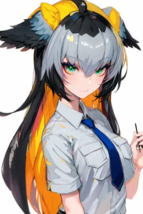 1girl, bangs, black hair, breast pocket, closed mouth, collared shirt, green eyes, grey hair, grey shirt, hair between eyes, hair tie, head wings, lam-style, long hair, looking at viewer, medium breasts, multicolored hair, necktie, orange hair, pocket, shirt, shoebill \(kemono friends\), short sleeves, sidelocks, solo, tsurime, upper body, white background, white necktie, wings