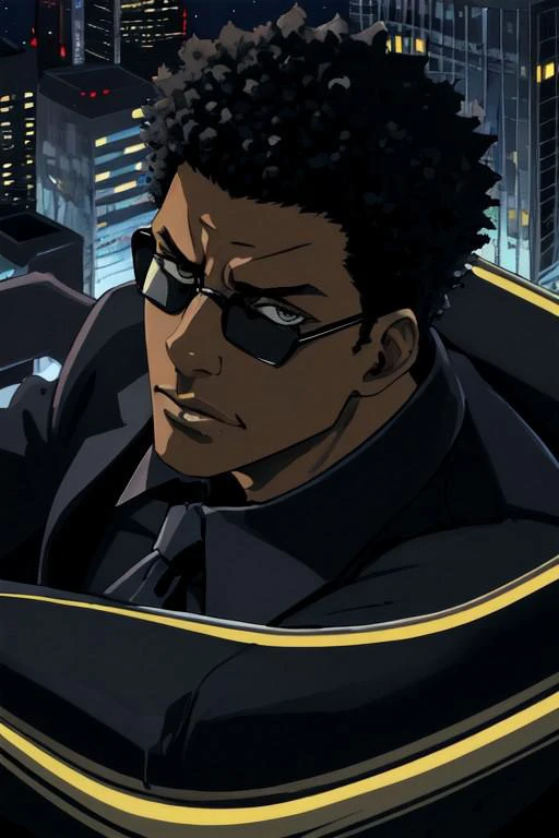 (High-Detail) (Jujutsu-Kaisen-style) (1970s) (America) Detroit Solo Portrait (Closeup) (Muscular) dark skin (Anime-Protagonist Hero) male vibrant manly (african-american) (afro) office-building window city-skyline night-time city-lights shadow men-in-black black-suit-and-tie CIA FBI sunglasses (Anime)