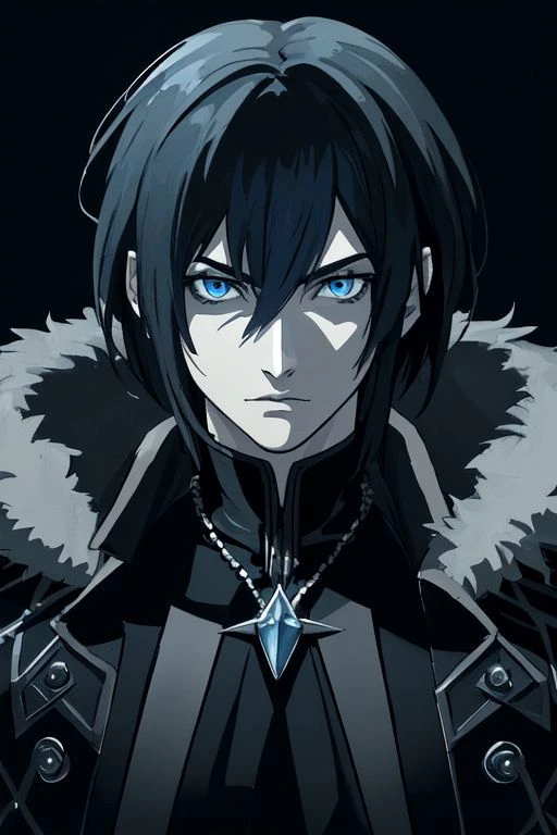 Highly-Detailed Medieval Fantasy fighter male masculine muscular portrait face black blue white (checkered) Diamond-checker-jacket cloud strife checkered Diamond-Checkers bangs dark-hair Mullet-hair messy-hair bob-cut seinen dramatic (solo) protagonist Shadowed-Background (Howl Ghibli)