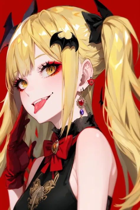 1girl, :p, bare shoulders, bat hair ornament, blonde hair, earrings, eyeshadow, gloves, hair behind ear, hair ornament, hand up, jewelry, lam-style, long hair, looking at viewer, makeup, portrait, red background, red gloves, sleeveless, smile, solo, tongue, tongue out, vampire, yellow eyes