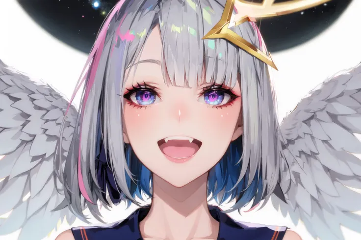 1girl, :d, amane kanata, angel, angel wings, asymmetrical hair, bangs, blue eyes, blue hair, blue nails, bob cut, colored inner hair, fang, feathered wings, from side, grey hair, halo, lam-style, looking at viewer, multicolored hair, nail polish, open mouth, pink hair, portrait, purple eyes, sailor collar, short hair, single hair intake, skin fang, smile, solo, star halo, streaked hair, v, virtual youtuber, white background, white wings, wings