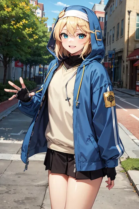 masterpiece,best quality,highres,ultra-detailed,aabridget,male focus,otoko no ko,blonde hair,hair between eyes,bangs,habit,long sleeves,hooded jacket,zipper,open clothes,cuffs,fingerless gloves,skirt,bike shorts,socks,blue footwear,<lora:bridget _(guilty_gear):0.7>,outdoors, street, smile, cowboy shot,