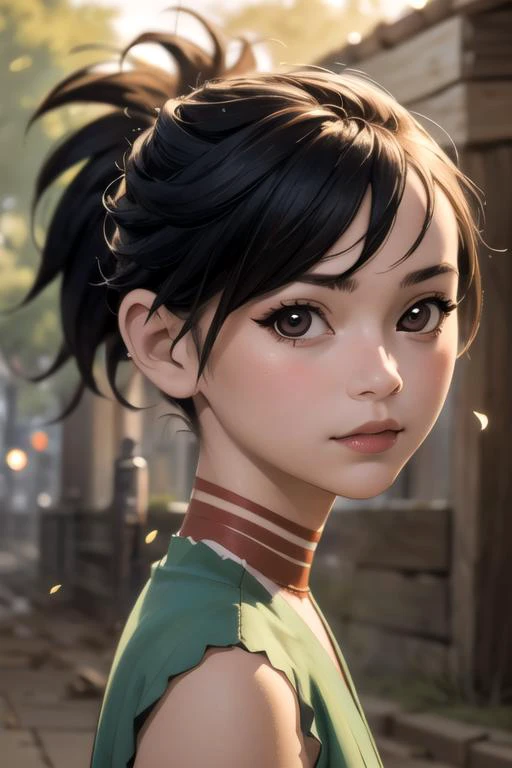 White tube top, Pink shorts, Black hair in twin tails, Red ribbon, Narrow eyes, Red pupils, Resorts, Outdoor, blue sky